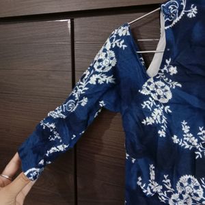 Cold-shoulder Sleeves Desi Print Navy Blue Kurti