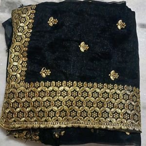 Black Saree With Golden Stone Work