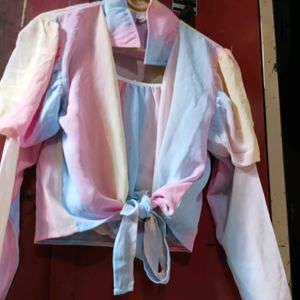 Unicorn Colour Crop Top With Puffes Sleeves Jacket