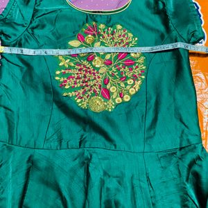 Satin Green  Long Frock With Dupatta