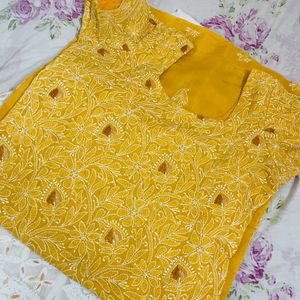 Women Mustard Chickankari Kurta Set With Pallazo