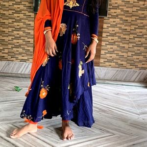 Navy Blue Anarkali With Orange Leggins And Dupatta