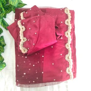 Maroon With Gold Lace Sarees (Women's)
