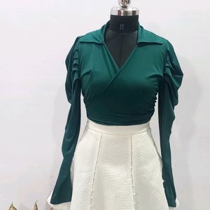 Bottle Green Wrap Up Puff Sleeve Crop Top