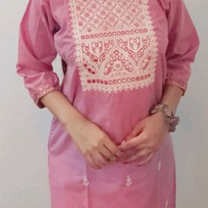 Pink Kurti With White Embroidery