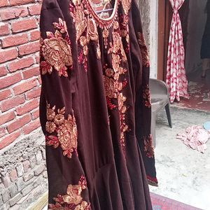 Brown Flared Embroidered Gown