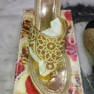 Golden Wedge Heel Sandals with Floral Embellishmen