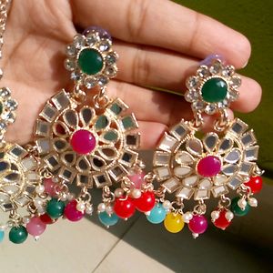 Multicolored Earrings And Mangtika Set