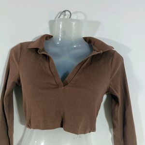 Brown Plain Casual Crop Top (Women)