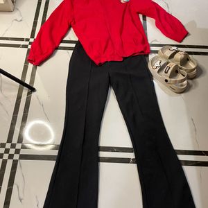 Red Cardigan With Black Trouser And Flat Wth Kurti