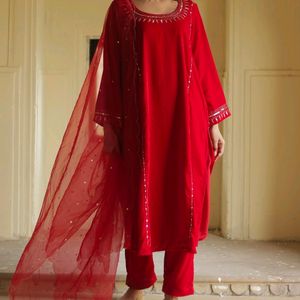 Velvet Red Straight Kurta Set