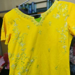 Yellow green embroidery kurta