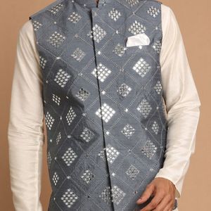 Elegant Grey Mirror Work Nehru Jacket- Size M=42