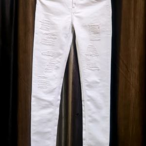 Women's Stylish High Waisted Damage Jeans (White)