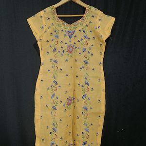 Yellow and Multicolour Thread Embroided Kurti