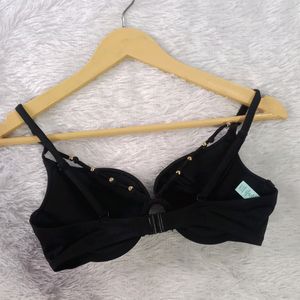 Black Heavy Padded Bikini Top With Golden Beeds