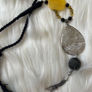 Necklace With Yellow Risin Beads And Tibet Wood