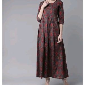 AKS Women Grey & Red Printed Maxi Dress