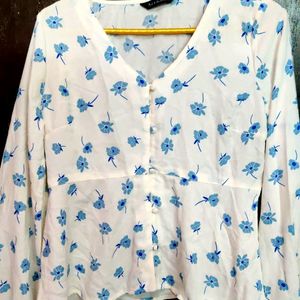 Off White With Blue Flower Print Top