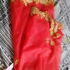 New Red Duppata With Gold Embroidery And Cut Work