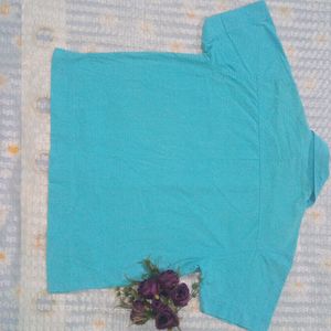 Blue Cotton Blend Half Sleeves Shirt