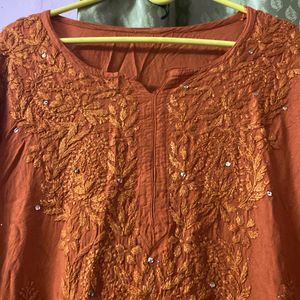 Rust Orange Rayon Mukaish Chikankari Kurta