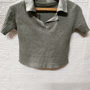 Gray Collared Mini Crop Top - For Small Size Women