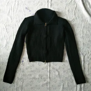 Black Rib-Knit Double Zipper Cardigan