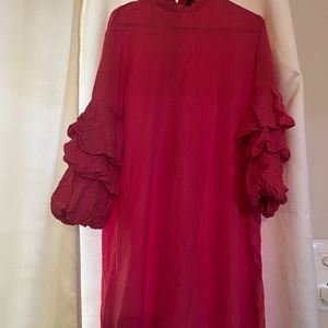 Dark Pink Ruffled Sleeve Short Dress