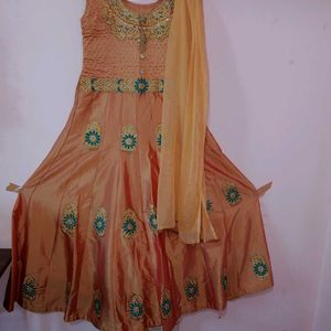 Gold embroidery Anarkali set with pant & Dupatta