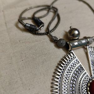 Oxidized GS Statement Pendant With Coral Stone