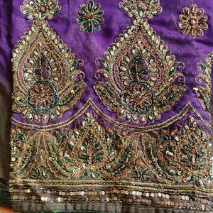 Heavy Purple Saree With Antique Golden Embroidery