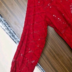 Red Chickenkari Work Kurta Set