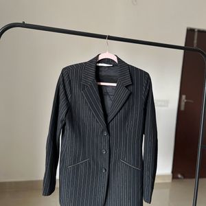 Single Breasted V Neck Pinstripe Long Blazer