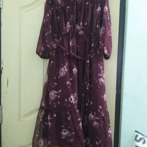 Wine Color Floral Print Long Dress