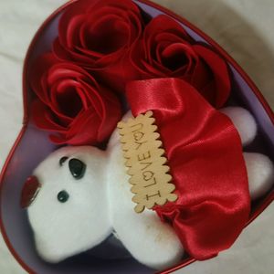 Heart Shape Box With Cute Teddy And Flowers