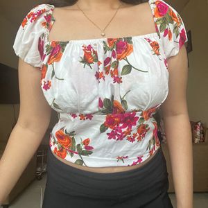 Floral White Balloon Sleeved Top