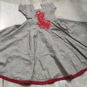 Red 🍒 & Grey Heavy Flare Cotton Anarkali Dress