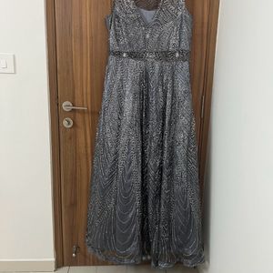 Grey Glitter Ethnic Gown With Transparent Neck