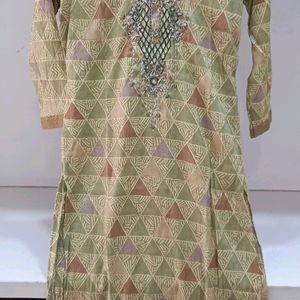 Cotton Silk Kurti Pant Set English Green Colour