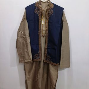 Jacket Kurta Chudidar Set (Blue/Brown)