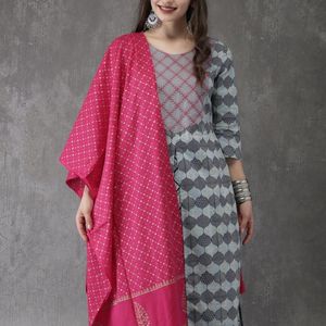 Blue & Pink Kurta With Palazzo Dupatta Set