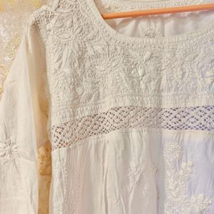 White Embroidered Chikankari Kurta, Bust- 36