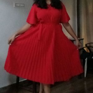 Women's Elegant Belted Pleated Flounce Sleeve Knee Length dress Red Color