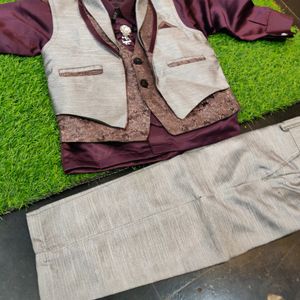 Boys' Wine Colour Shirt With Grey Vascoat And Pant