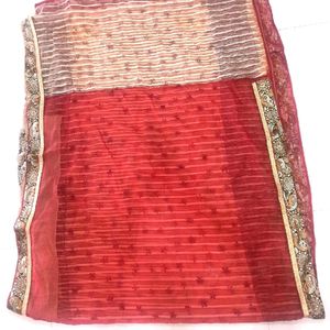 Red N Off White Saree
