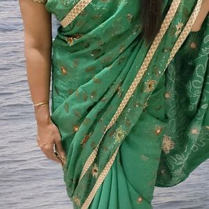 Embroidery Dark Green Zardozi Saree With Border