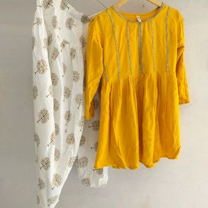 Yellow Short Kurti With Dhoti Set