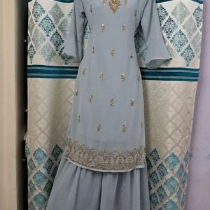 Greyish Sky-blue Sharara Set