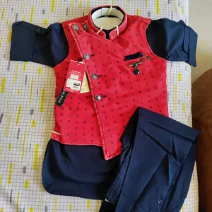 New Red Jacket Navy Blue Kurta Set